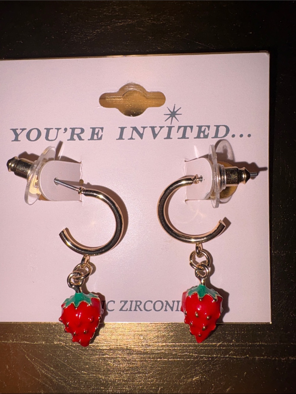 NWT Gold Hoop Earrings with Red Strawberry Charms